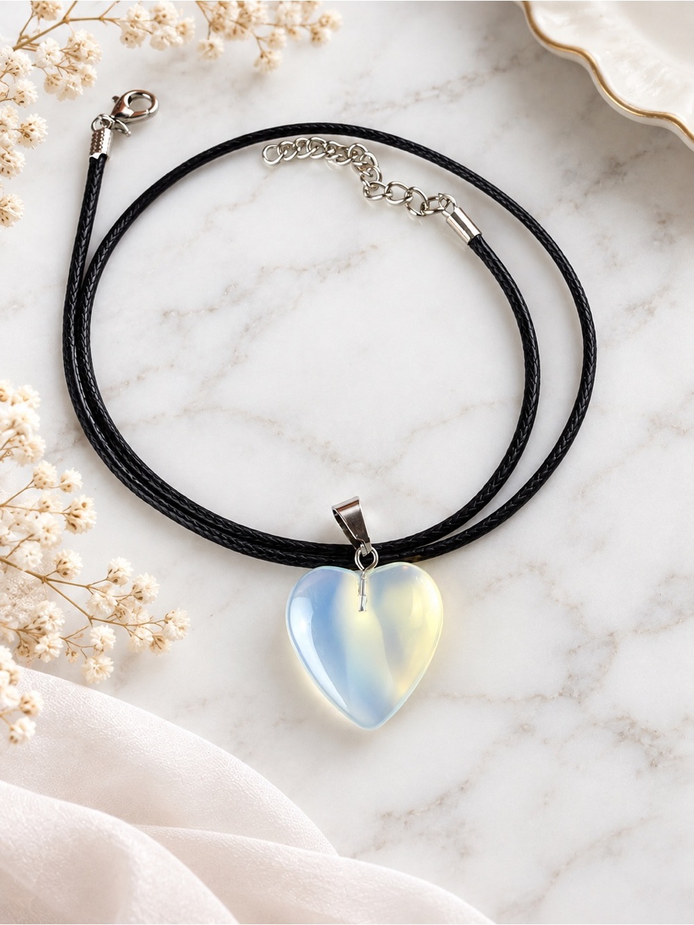 Opalite Heart Pendant Necklace for Women - Iridescent Blue Heart on Black Cord